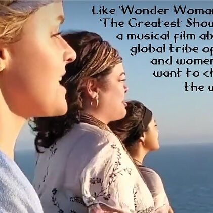 three women shown from waist up looking away from the camera with the ocean behind them and wording in the top right corner