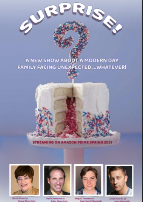 Cast pictures in boxes with cake above with poster title, "Surprise!"